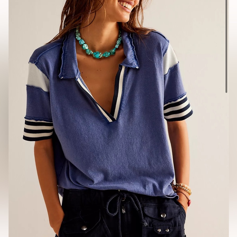 Free People We The Free Be Kind Tee V Neck Striped Polo Navy Extra Small